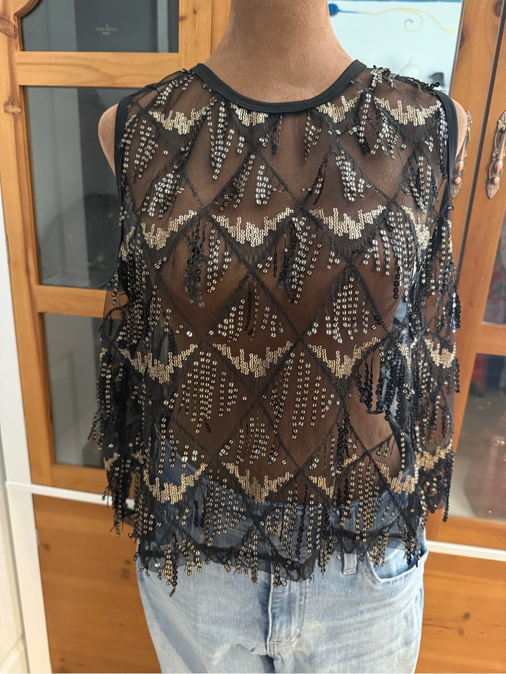 SHEIN Black Sheer Mesh Camisole with Gold Sequin Fringe